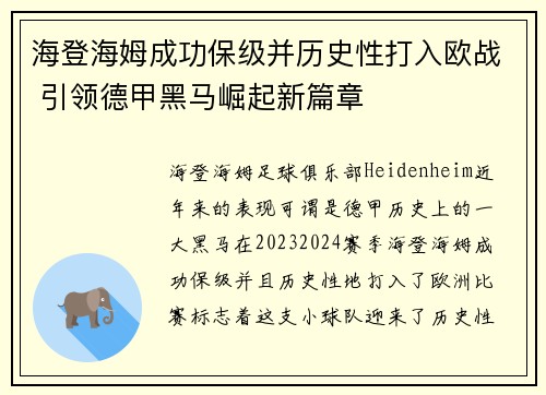 海登海姆成功保级并历史性打入欧战 引领德甲黑马崛起新篇章