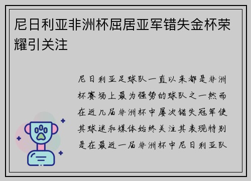 尼日利亚非洲杯屈居亚军错失金杯荣耀引关注